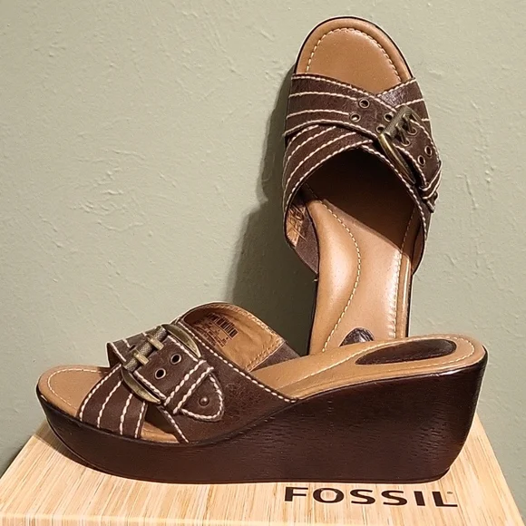 Fossil Maxine brown leather wedge sandals - Picture 1 of 7